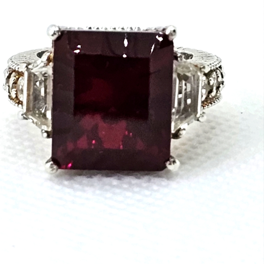 Blazing Red Quartz & White Topaz Ring in Platinum/925 Size 6 - Picture 3 of 11